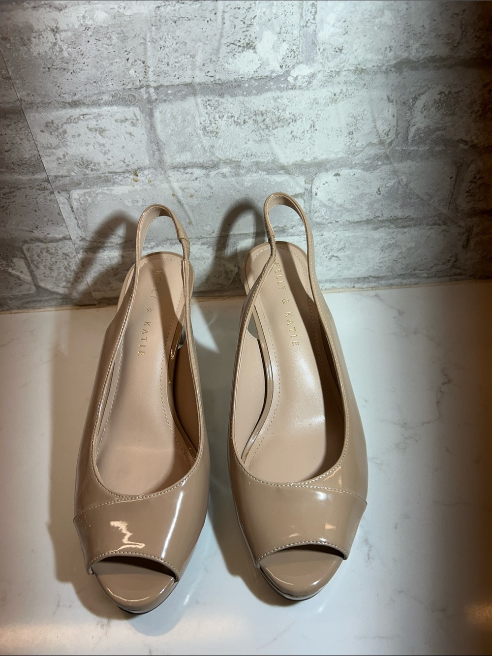 Kelly & Katie Nude Patent Peep-Toe Slingback Heels